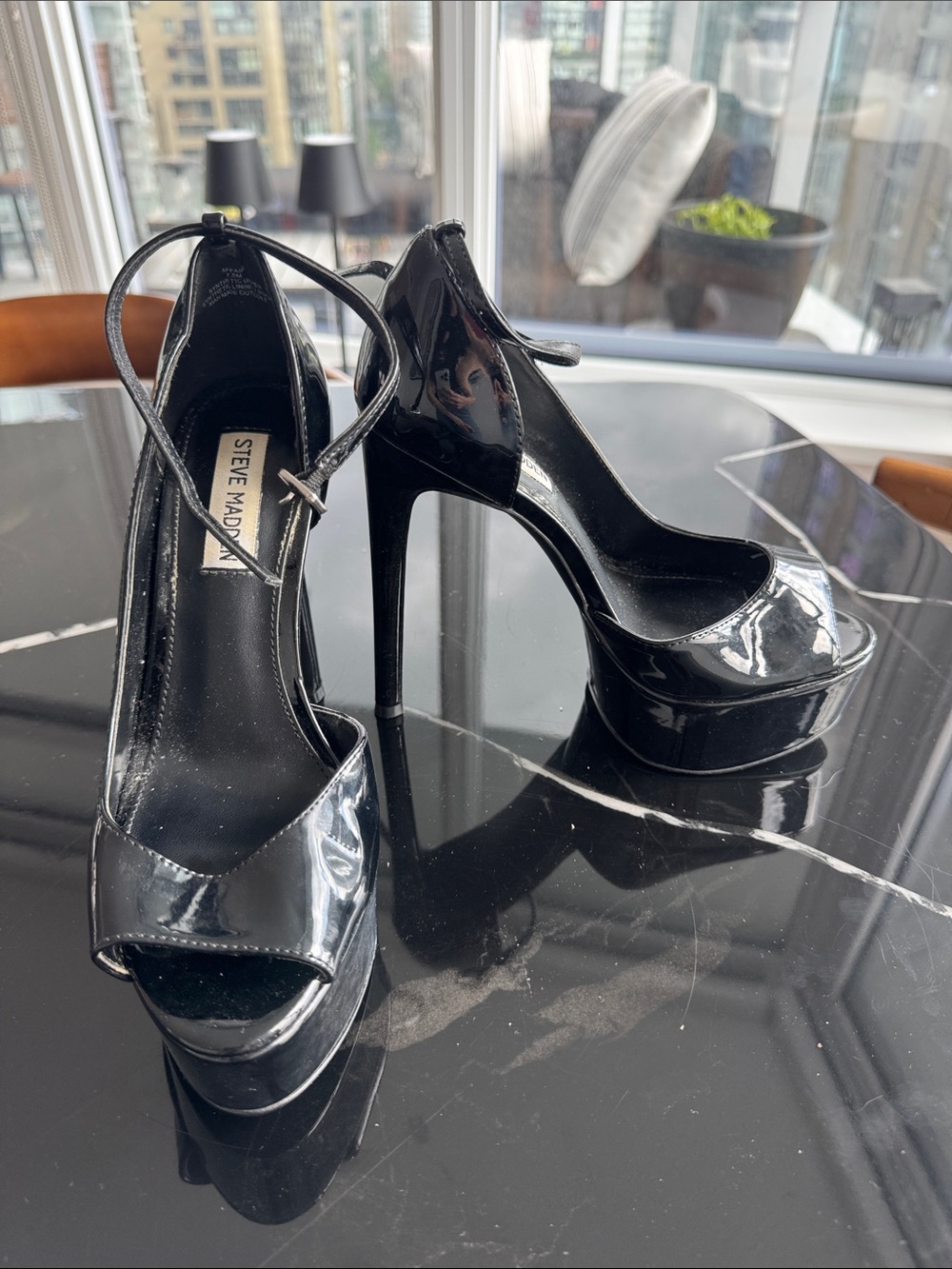 Steve Madden Black Patent Platform Peep-Toe Ankle-Strap Heels